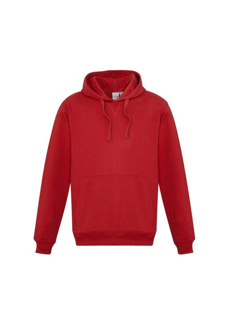 Men's red crew pullover hoodie with kangaroo pocket, wider drawstring, and ribbed cuffs, perfect for casual wear. Size XS.