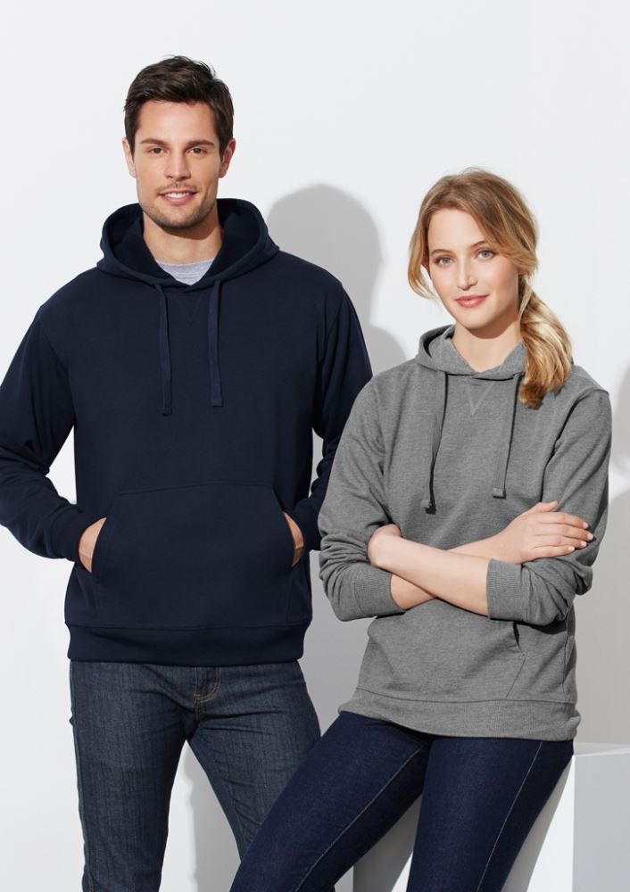 Men's 2XL grey marle pullover hoodie featuring a kangaroo pocket and wider drawstring, made of 65% polyester and 35% cotton fleece.
