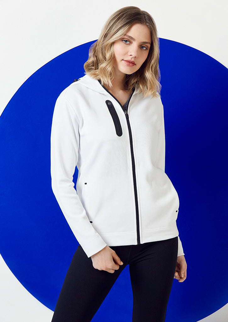 Navy Ladies Neo Hoodie in XS with high neck, ergonomic fit, and pockets, crafted from soft, premium fabric.