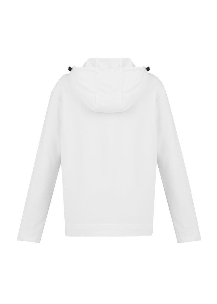 Ladies Neo Hoodie in white, size L, featuring a high neck, zip pocket, and ergonomic fit for comfort and style.
