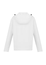 Ladies Neo Hoodie in white, size L, featuring a high neck, zip pocket, and ergonomic fit for comfort and style.