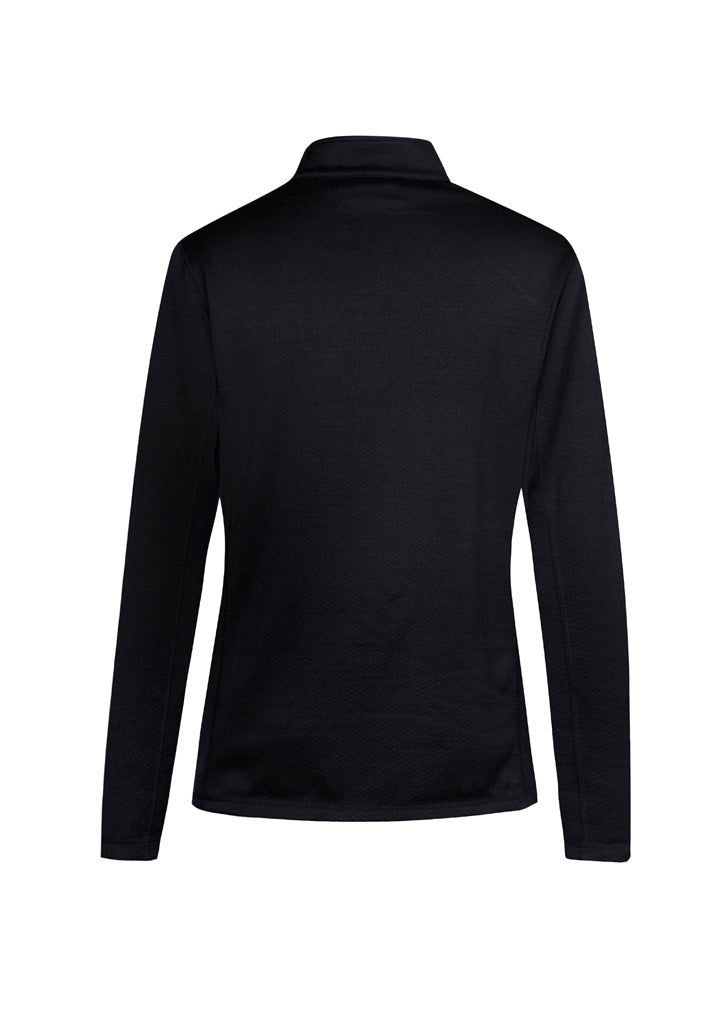 Stylish black solid top for women, featuring 1/2 zip collar and honeycombed fleece, perfect for professional outfits.