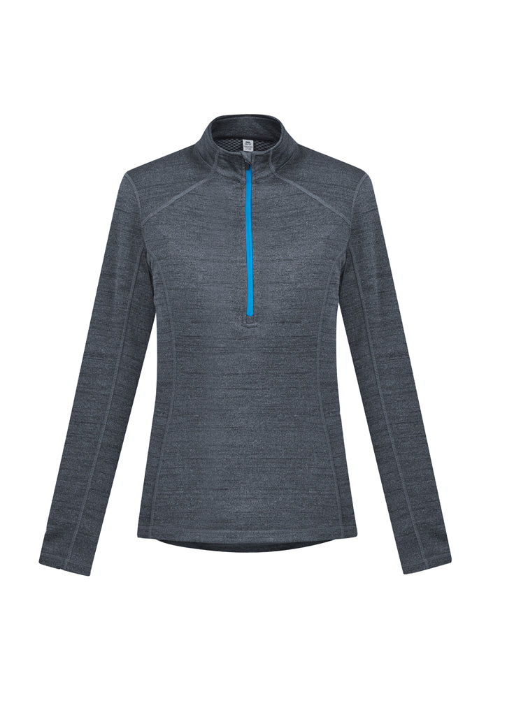 Navy solid ladies' Monterey Top with 1/2 zip collar, cozy fleece lining, and flattering longer length; perfect for work or casual wear.