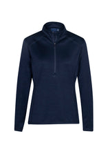 Navy solid ladies top with 1/2 zip collar, flat-locked seams, and honeycombed fleece for warmth and comfort in all sizes.