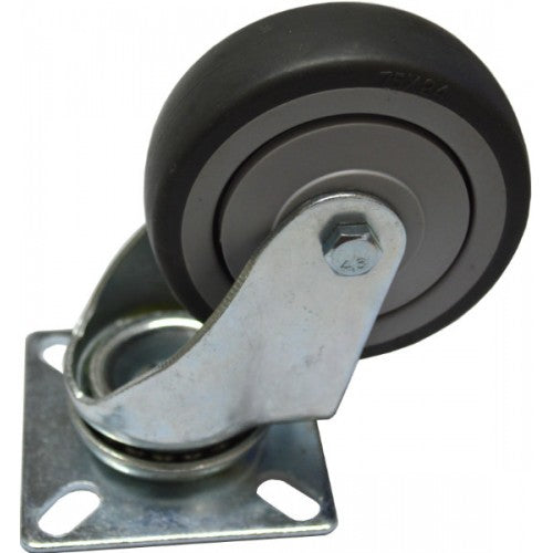 Castor swivel plate with 75mm solid rubber tire and roller bearings for smooth mobility on carts and equipment.