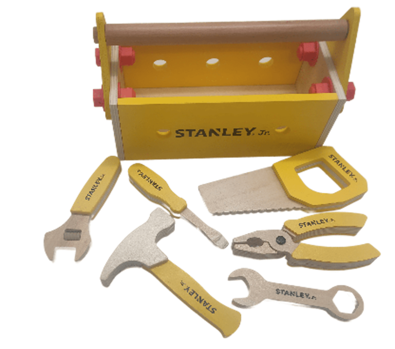 Wooden toolbox set for kids featuring hand tools like a saw, hammer, and screwdriver, inspiring creativity and hands-on learning.