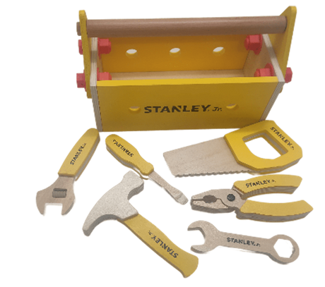 Wooden toolbox set for kids featuring hand tools like a saw, hammer, and screwdriver, inspiring creativity and hands-on learning.