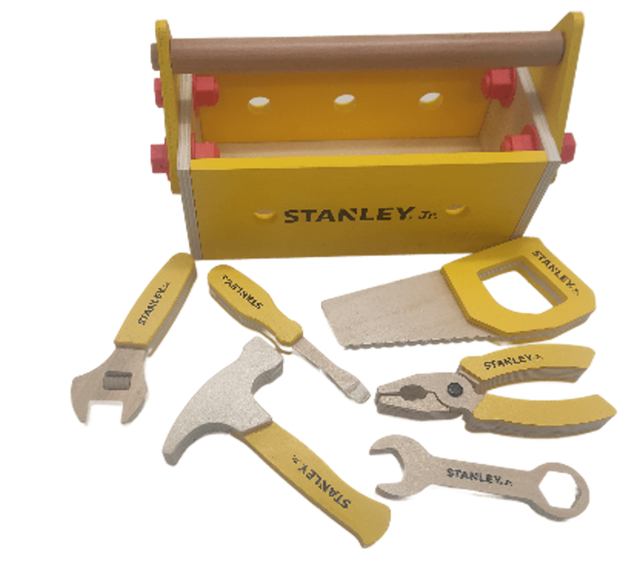 Wooden toolbox set for kids featuring hand tools like a saw, hammer, and screwdriver, inspiring creativity and hands-on learning.