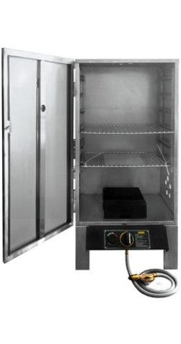 Alt text: Compact Kiwi Sizzler Gas Smoker with stainless steel design, high-performance burner, and temperature gauge for outdoor cooking.