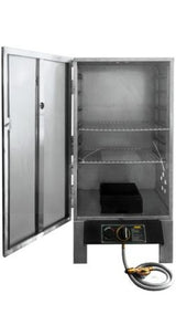 Alt text: Compact Kiwi Sizzler Gas Smoker with stainless steel design, high-performance burner, and temperature gauge for outdoor cooking.