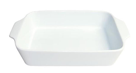 Rectangular white porcelain baking dish, 21x13x6cm, lightweight, durable, perfect for cooking and baking enthusiasts.