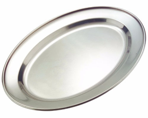 Stainless steel oval meat dish, 40cm, elegantly serves meats and vegetables with a shiny finish; perfect for gatherings.