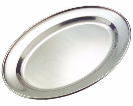 Stainless steel oval meat dish, 40cm, elegantly serves meats and vegetables with a shiny finish; perfect for gatherings.