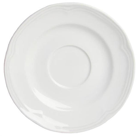 Elegant 16cm white porcelain saucer, perfect for serving desserts or catching coffee cup drips, adds sophistication to any table.