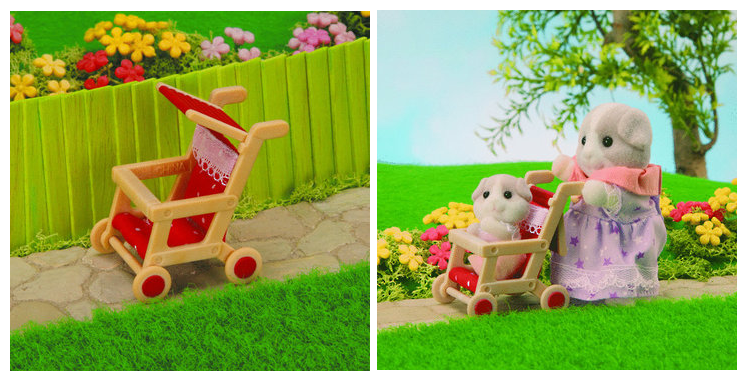 Charming red and white Sylvanian Families pushchair with a sun visor, ideal for imaginative play and adventures with toy characters.