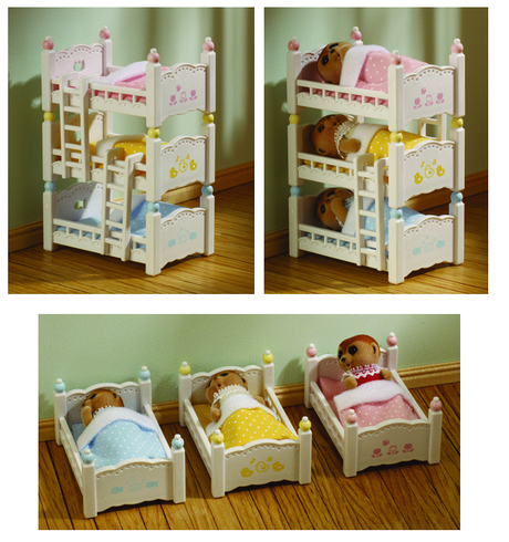 Triple bunk beds for Sylvanian Families, featuring three stackable beds with bedding, perfect for imaginative play.