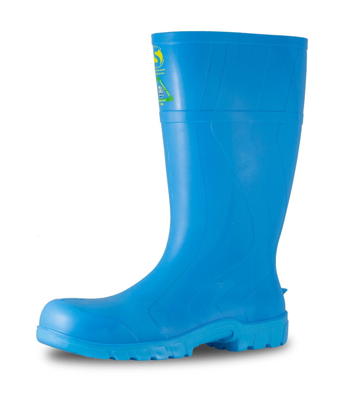 Bata Safemate Blue safety gumboots (size 12) with steel toe, slip-resistant outsole, ideal for food industry protection.