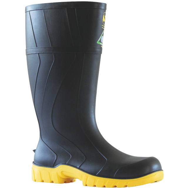 Bata Safemate Black safety gumboots for men, size 12, featuring steel toe, waterproof design, and durable slip-resistant sole.