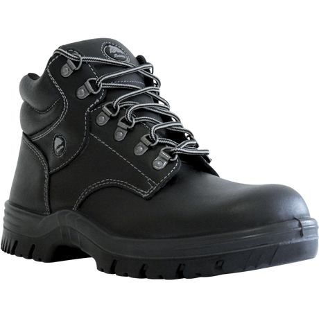 Black leather safety boots, Bata Saturn, size 2, with steel toecap, comfort features, and heat-resistant outsole for industrial use.