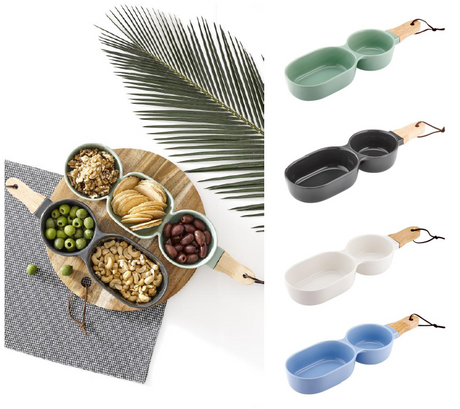 Modern charcoal serving bowl and stick set for stylishly displaying snacks and appetizers, crafted in porcelain and rubberwood.
