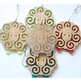 Lime-colored sheep ornament made from bamboo and satin acrylic, perfect for home decor or holiday gifting.