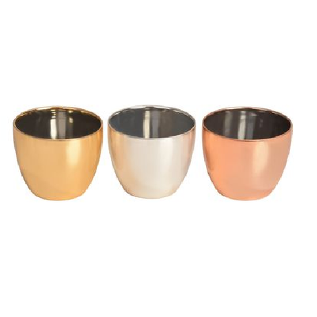 Set of 3 shiny tealight holders in gold, silver, and copper, each measuring 9cm, perfect for adding romantic ambiance.