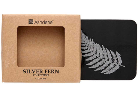 Set of four elegant coasters featuring a sleek black Silver Fern design, celebrating New Zealand's cultural heritage.