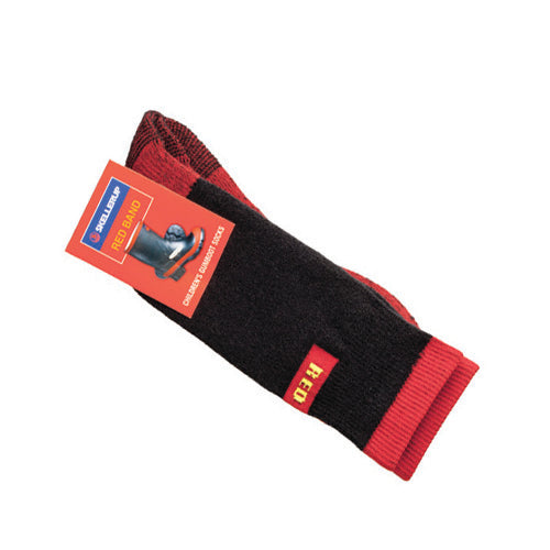 Red Band Children's Gumboot Socks (Size 13-3) featuring cushion knit for comfort, high-stretch cuff, perfect for rainy outdoor adventures.