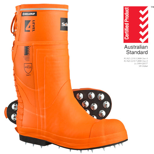 Knee-height, durable spiked gumboots with Level 4 chainsaw protection, Kevlar reinforcements, and superior grip for outdoor safety.