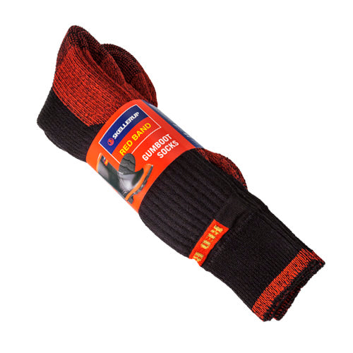 Comfortable red band gumboot socks with cushion knit, elastic support, high leg design, and smooth toe seam for outdoor adventures.