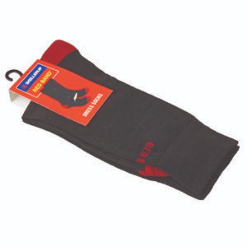 Black Merino wool dress socks with a red band, size 6-10, featuring padded soles and durable nylon reinforcements.