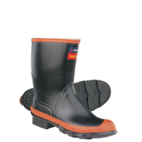 Red Band Men's Size 4 gumboots, calf-length with cushioned innersole and cleated sole for superior traction and comfort.