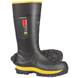 Men's Size 14 Quatro Safety Knee Gumboots with steel toe, anti-penetration midsole, and oil-resistant outsole for job site protection.