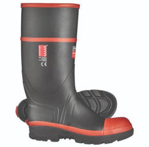 Red Band Safety Knee Gumboots in Size 6, durable with steel toe cap, nitrile rubber outsole, ideal for tough environments.