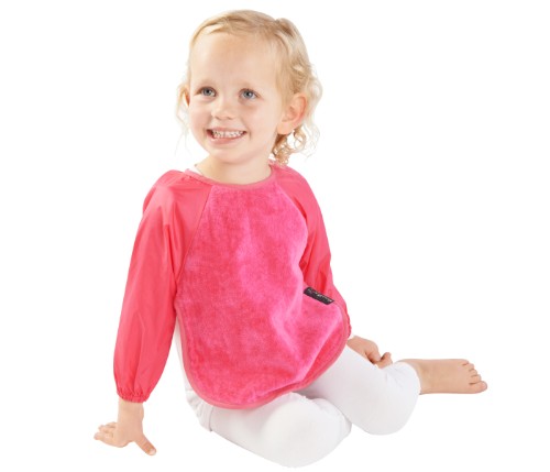 Cerise sleeved bib featuring 100% cotton, water-resistant backing, designed for mess-free feeding for toddlers.