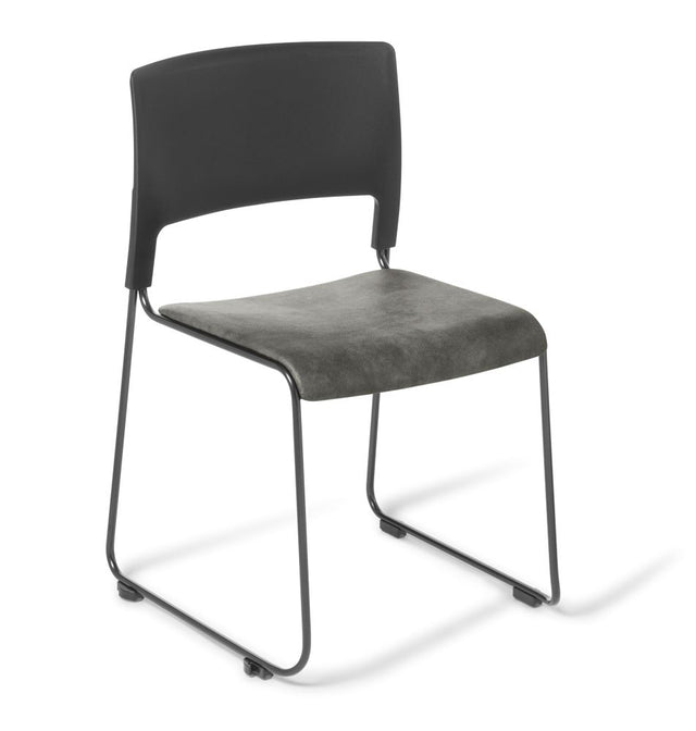 Slim Black chair with Eastwood Slate upholstery, featuring a sturdy frame, sleek design, and high stacking for versatile seating.