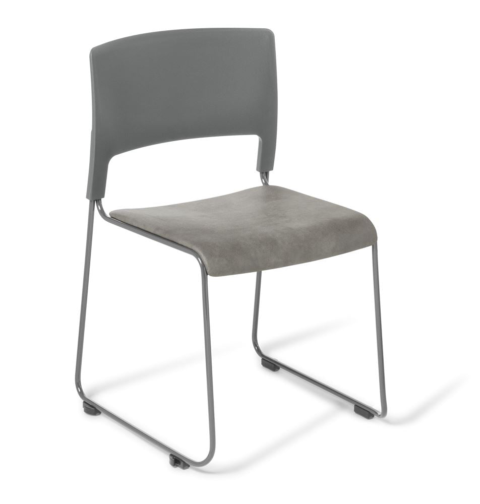 Slim grey chair with Eastwood Dove upholstery, high-stacking design, sturdy steel frame, ideal for versatile residential and commercial use.