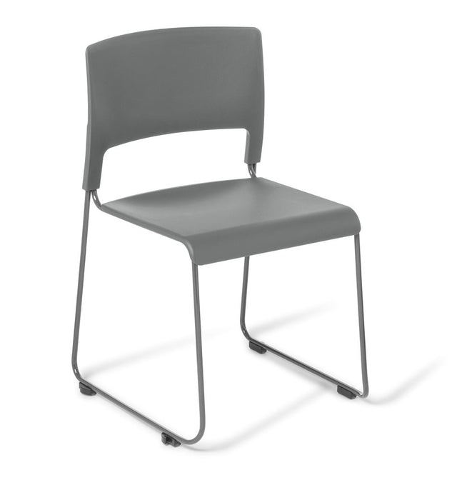 Minimalist grey slim chair with polypropylene seat, durable steel frame, and high-stacking design for versatile seating.