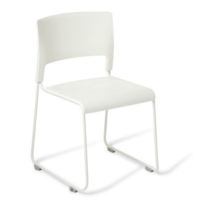 White Slim Chair without upholstery, featuring a sturdy steel frame, high-stacking design, and modern style for versatile seating.