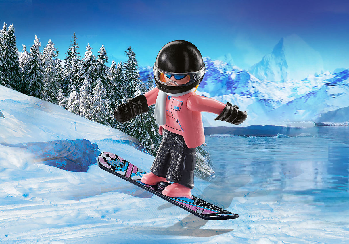 Colorful Playmobil Snowboarder figure with snowboard and helmet, perfect for imaginative winter sports play.