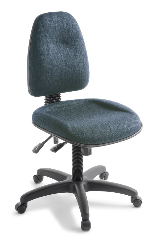 Ergonomic navy office chair with lumbar support, adjustable angles, and a wide seat for comfort during long work hours.