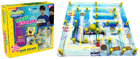 Colorful box art for SpongeBob SquarePants Maze Escape game featuring SpongeBob navigating mazes to evade Plankton.
