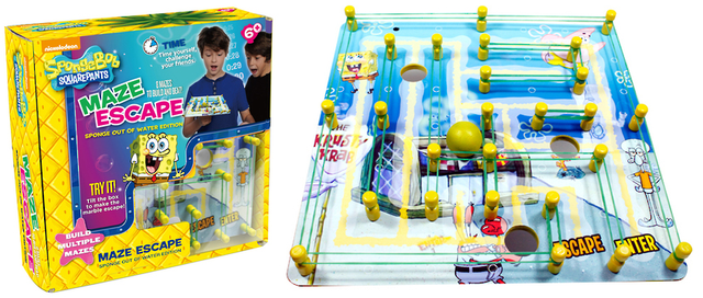 Colorful box art for SpongeBob SquarePants Maze Escape game featuring SpongeBob navigating mazes to evade Plankton.