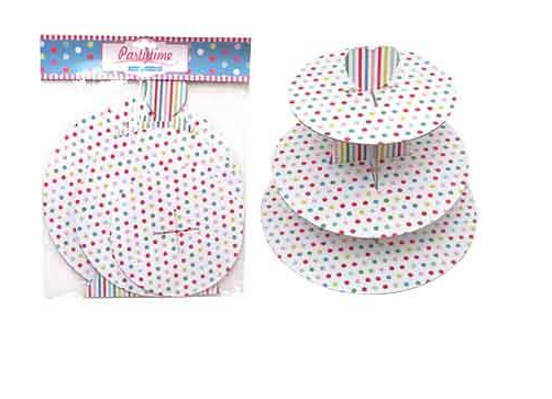 Three-tier cupcake stand with playful spots, perfect for showcasing desserts at events. Set of six, ideal for parties.