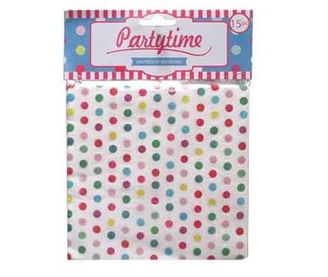 Colorful polka dot party napkins in packs of 15, perfect for celebrations and stylish decor.