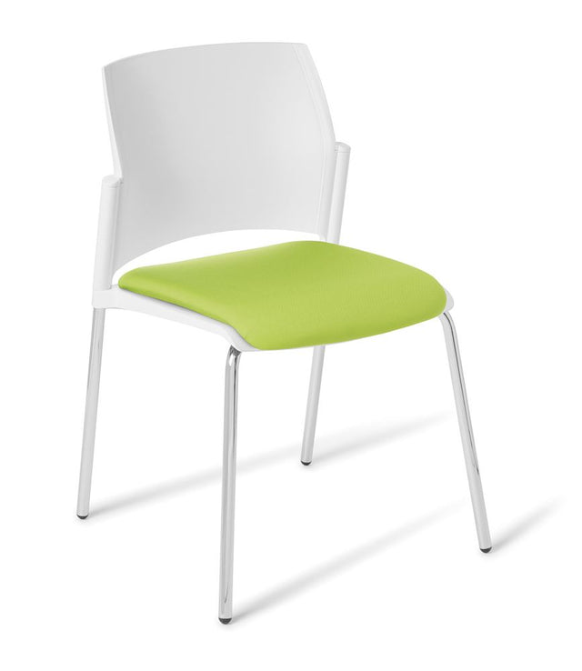 Modern upholstered chair with a white chrome frame, offering comfort and style for dining, cafes, and office spaces.