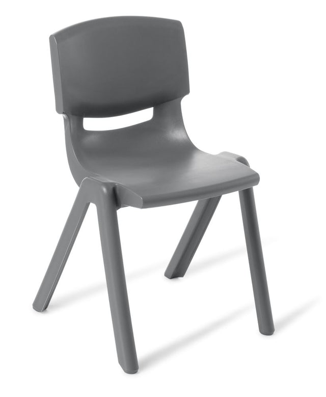 Plastic durable stackable squad chair in grey, designed for indoor/outdoor use, lightweight and easy to clean, supports 140kg.