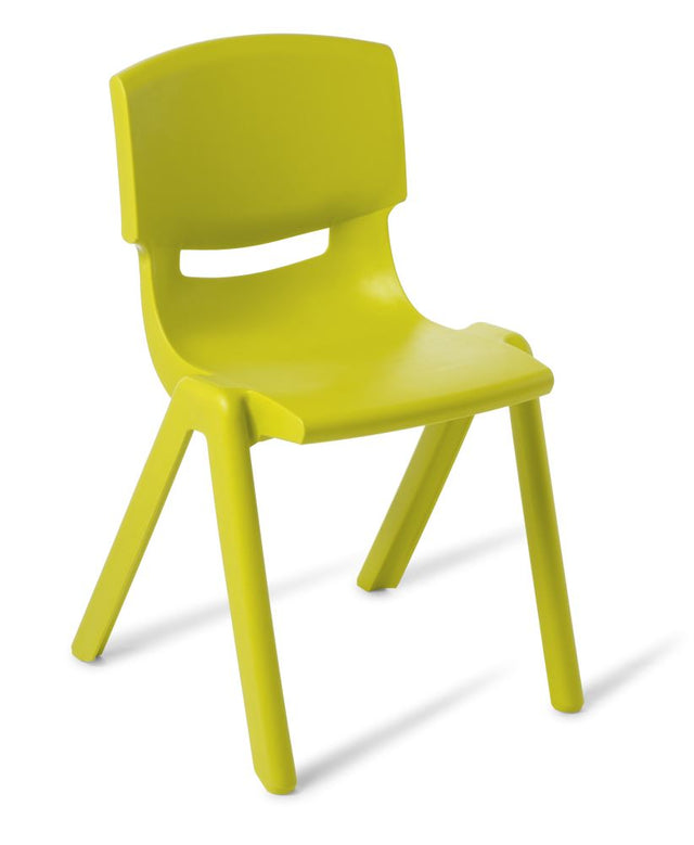 Bright lime stackable chair for indoor/outdoor use, designed for durability and easy maintenance; supports up to 140kg.