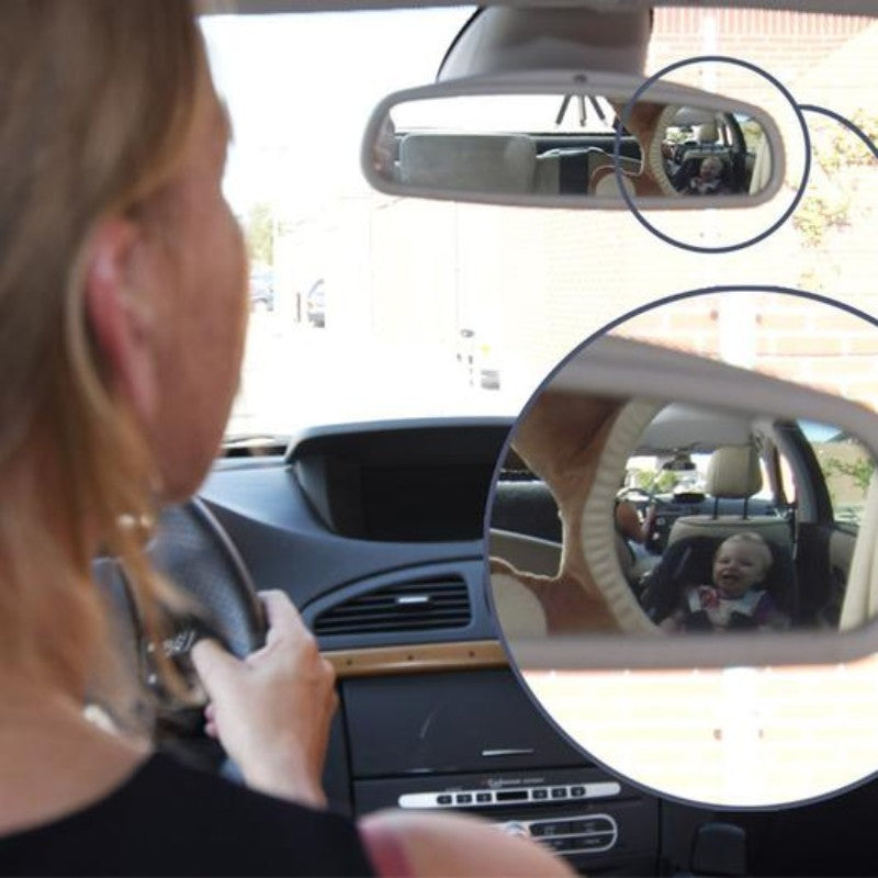 Brightly-colored, shatter-proof backseat mirror for monitoring rear-facing babies during car rides, ensuring safety and entertainment.