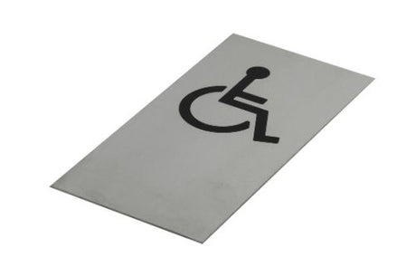 Adhesive wheelchair symbol sign in black on brushed stainless steel, 200 x 100 mm, ideal for enhancing accessibility.